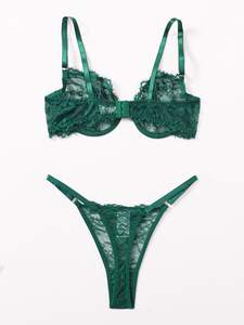 Two Pieces Women <strong>Underwear</strong> Suit <strong>Green</strong> Color Floral Lace Underwire Lingerie <strong>Set</strong> - Product Image 2