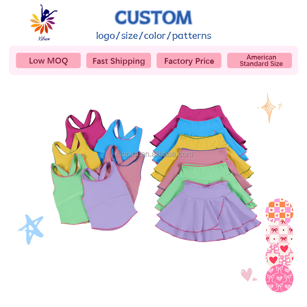 Girls Fashion Sportswear Sleeveless Tank Top And Skirt With Embroidery And Built In Shorts Custom