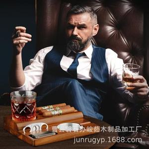 Wooden Cigar Ashtray With Cutter And <b>Lighter</b> Storage For Home Use - Product Image 2