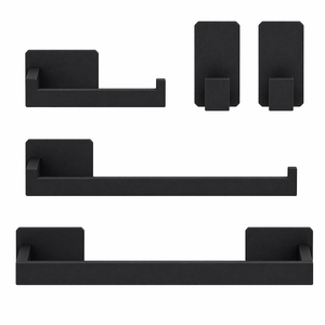 Juego <span class=keywords><strong>de</strong></span> 5 Accesorios <span class=keywords><strong>de</strong></span> Baño <span class=keywords><strong>de</strong></span> Pared en Negro Mate: Toallero, Barra para Toallas, Gancho para Batas, Ganchos <span class=keywords><strong>y</strong></span> <span class=keywords><strong>Portarrollos</strong></span> <span class=keywords><strong>de</strong></span> Papel Higiénico - Product Image 1