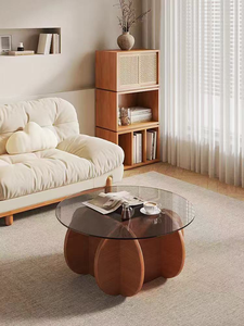 Table basse ronde moderne en bois avec plateau en verre trempé, design mid-century, meubles de salon faits à la main - Product Image 4