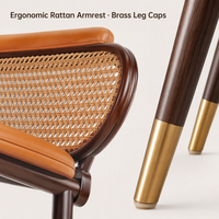 Chaise de salle à manger rembourrée avec dossier en rotin PE, assise rembourrée, structure en métal imitation bois, style nordique contemporain