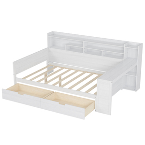 Modern Solid Wood Full/Queen Size Double Bed Daybed with Storage Shelves Two Drawers and <b>Study</b> <b>Desk</b> for Bedroom - Product Image 5