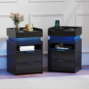 Turosur Nightstands Set Of 2 Black Modern <b>LED</b> Wireless Charging Smart <b>Bedside</b> <b>Table</b> With Drawer Storage For Bedroom - Product Image 1