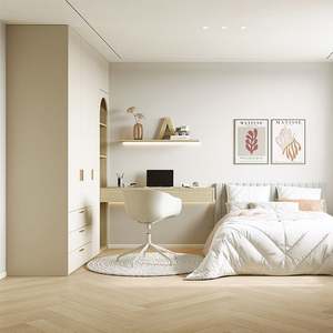 Santopova Modern Minimalist Beige Wardrobe with Integrated <b>Desk</b>, Gold Handles & Open Shelves, Bedroom Furniture - Product Image 3