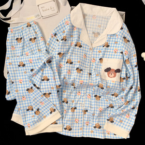 Pyjama long à manches longues pour femme <span class=keywords><strong>Cloud</strong></span> Soft, automne, mignon, motif à carreaux, vêtements de maison, ensemble, col en V, vente en gros - Product Image 2