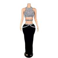 Robe longue scintillante à sequins deux pièces pour femme, ensemble crop top sans manches et jupe taille haute pour soirée et club