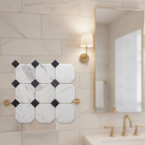 Piastrelle a Mosaico Ottagonali da 10 Pollici in <span class=keywords><strong>Marmo</strong></span> <span class=keywords><strong>Bianco</strong></span> Carrara Dorato Lucido per Pavimenti, Pareti, Bagno e <span class=keywords><strong>Cucina</strong></span> - Product Image 4