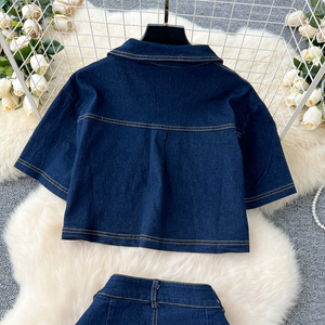 Nuevo otoño Color sólido Stitch Pockets Jeans Camisa Falda Conjunto Conjuntos de mezclilla para <span class=keywords><strong>mujer</strong></span> - Product Image 5
