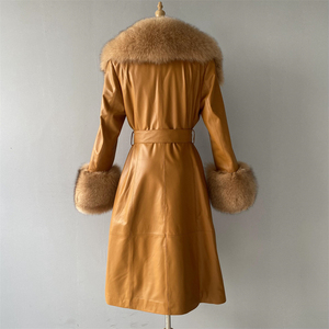 Autumn Fox Fur Collar Cuffs Women Long Genuine Sheepskin Leather Jacket Black Real Leather <strong>Trench</strong> <strong>Waterproof</strong> for Ladies - Product Image 5