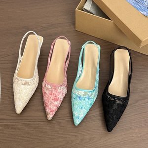 504 Summer Factory New Mesh Lace Flower Toe <b>Sandals</b> with Pointed Back, High-quality Single Shoes, Slim High-heeled Women's Shoes - Product Image 5