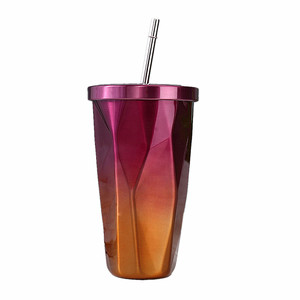 Vaso con Pajita de 500 ml con Diseño de Diamantes, Taza de Café de Acero Inoxidable con Aislamiento al Vacío de Doble Pared, con Pajita de Metal y Logotipo Personalizado - Product Image 3
