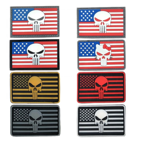 3D USA Flag Punisher PVC Rubber Felt Embossed Patches Soft Badges with Hook and Loop Backing for Hats and Garments