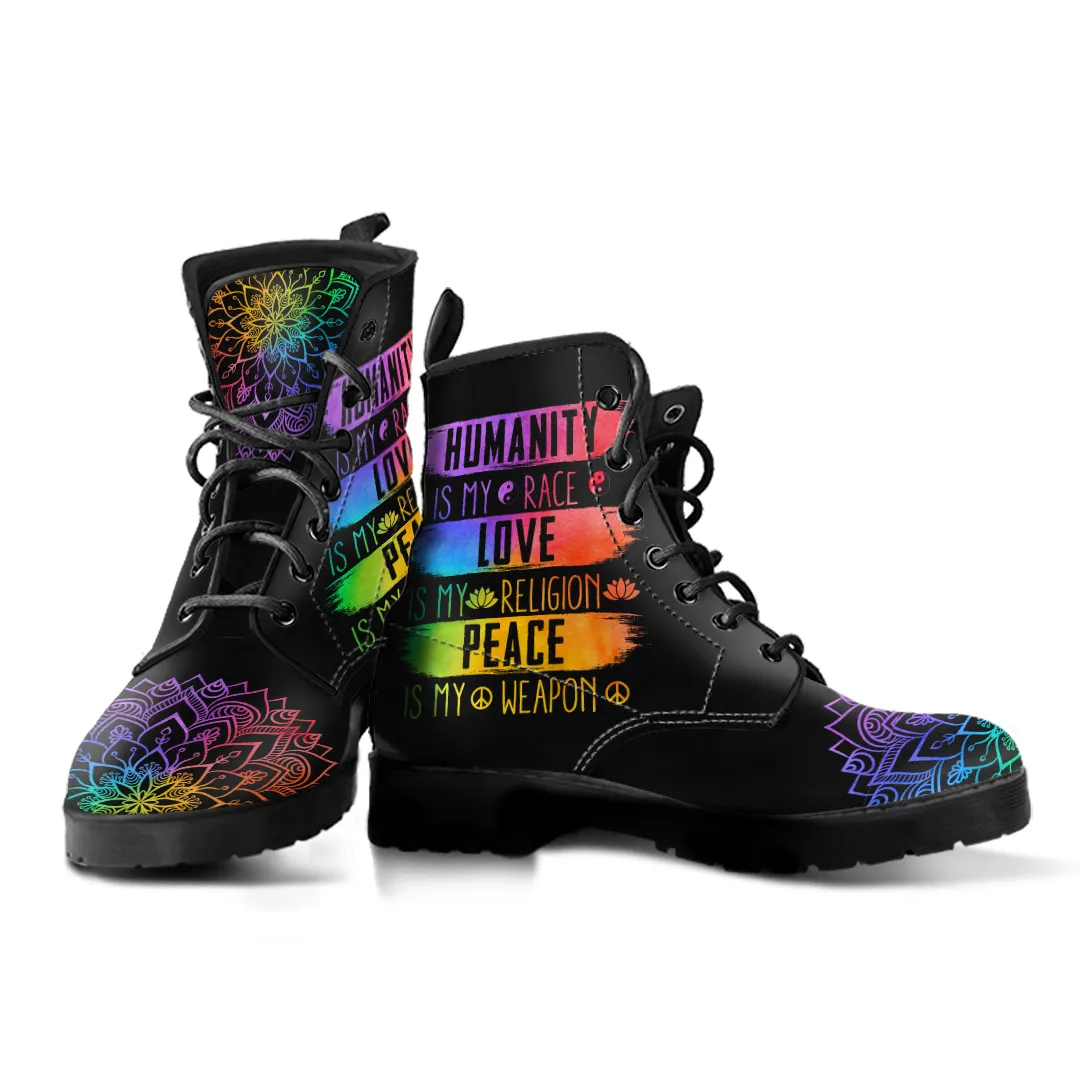 Sepatu Bot Wanita Seni Abstrak Warna-warni Sepatu Bot Kustom Kasual Premium Hippie Spirit Kulit Vegan