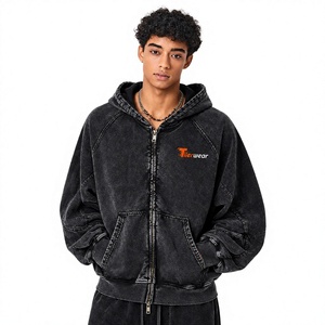 Tiierwear Men's Acid Wash Washed Cotton Hoodie Zip-Up Casual Sweatshirt With Front Logo Pocket Design Autumn Style - Product Image 1