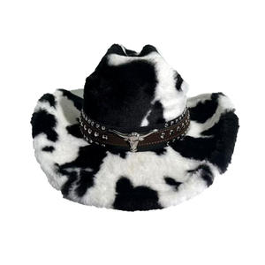 New Arrival Unisex Vintage Cow Print Fuzzy Studded Cowboy <strong>Hat</strong> for Party Outdoor - Product Image 3