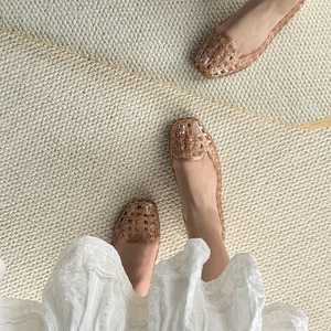 Sandalias de mujer de verano estilo coreano, casuales, con punta cuadrada, de tacón bajo, huecas, planas, tipo alpargata de playa, de gelatina - Product Image 4