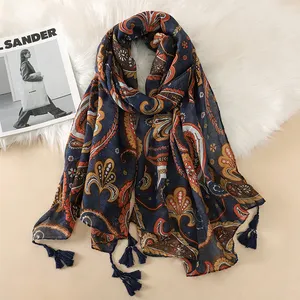 Fringe Blue Long Cotton and linen scarf Lady Famous Fancy Bali 90*180cm yarn shawl American Young