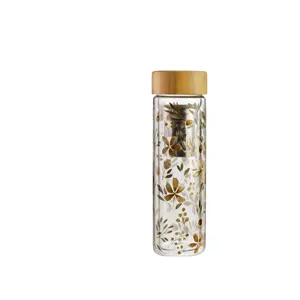 Double wall glass 500ml high borosilicate glass bottle all around printing with bamboo lid
