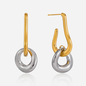 ต่างหูห่วงสองสีแบบวงแหวนคู่ สแตนเลสสตีล 18K ดีไซน์เรขาคณิต สำหรับผู้หญิง เครื่องประดับหรูหราเบาๆ ของขวัญ - Product Image 1