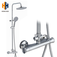 Ensemble de douche mural thermostatique 2 voies en laiton chromé brossé - Support de douchette réglable avec 3 jets et pommeau de douche ovale effet pluie