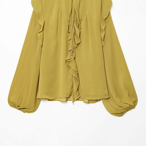 Camicetta da <span class=keywords><strong>donna</strong></span> in chiffon giallo <span class=keywords><strong>senape</strong></span> con collo allacciato, bordo arricciato, maniche lunghe a lanterna, elegante e casual - Product Image 4
