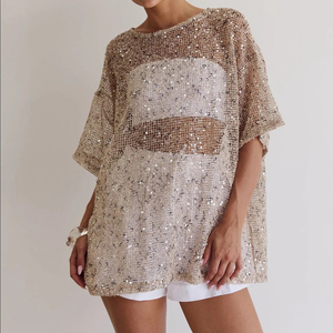 Camicetta estiva da <span class=keywords><strong>donna</strong></span> Channel <span class=keywords><strong>con</strong></span> glitter, trasparente, a maniche corte, in rete <span class=keywords><strong>con</strong></span> <span class=keywords><strong>paillettes</strong></span> - Product Image 2