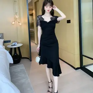 ZYHT 4106 gaun hitam elegan panjang untuk wanita, gaun kain renda Hem asimetris lengan pendek musim panas
