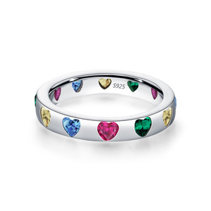 925 Sterling <b>Silver</b> Band Rainbow Heart Cut Cubic Zirconia <b>Eternity</b> Multi-Gemstone Heart <b>Eternity</b> <b>Ring</b> - Product Image 1