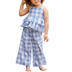 Nouvel ensemble d'été personnalisé pour enfants : haut et pantalon à carreaux en coton tissé, deux pièces pour filles - Product Image 1