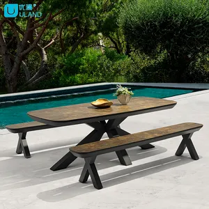 Banco HPL de alumbre para exteriores, mesa de comedor con patas de hierro, revestimiento en polvo y silla y mesa de jardín para exteriores
