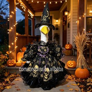 Disfraz de Bruja para Ganso de Porche de Halloween, Vestido con Estampado de Calavera Negro y Dorado de 23 Pulgadas con Sombrero de Bruja para Estatua de Ganso, Decoración Festiva - Product Image 5