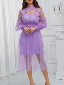 Robe décontractée en dentelle violette de style français, taille plus, coupe trapèze, longueur mi-longue, avec manches lanternes et col rond - Product Image 3