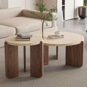 Mesa de Centro Redonda de Piedra Sinterizada para Sala de Estar, Mesa Baja Minimalista con Patas de Madera Sólida para Balcón - Product Image 5