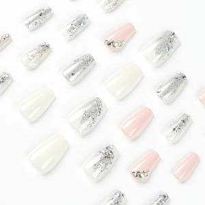 Wholesale ABS Short Ballerina Coffin Silver Rhinestone Glitter Press on <b>Nails</b> with <b>Nail</b> Glue for Finger Design <b>Nail</b> Beauty - Product Image 5
