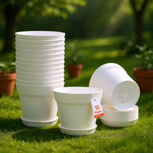 Paquete de 16 macetas de plástico con orificios de drenaje, platos desmontables, diseño cónico para jardinería de flores en interiores y exteriores - Product Image 2