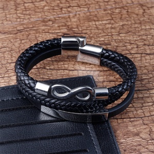 High Quality Stainless Steel Infinite Symbol Men's <b>Bracelet</b> Name Customized Three-Layer <b>Leather</b> Woven <b>Leather</b> <b>Bracelet</b> - Product Image 3
