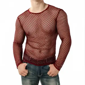 Trắng lưới xem qua Fishnet T-Shirt người đàn ông sexy mới dài tay áo trong suốt TEE Áo sơ mi Homme hip hop dạo phố camisetas