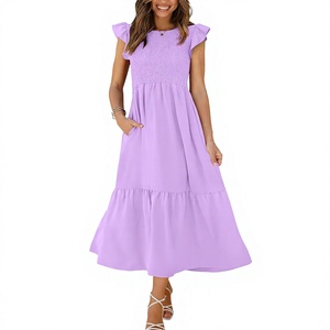 Robe midi plissée violette à volants, manches flottantes, col rond, coupe ample, décontractée, pour l'été et la plage - Product Image 3