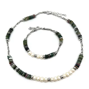 High Quality Natural Stone Agate Fresh Water Peal Round Shaped Stainless Steel Hot Selling luxury Necklace Sets