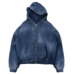 Sudadera con capucha unisex personalizada de streetwear para hombre, con cremallera, efecto salpicaduras de pintura, lavado ácido, desgastada, de felpa francesa, efecto descolorido por el sol, con logo personalizado - Product Image 2