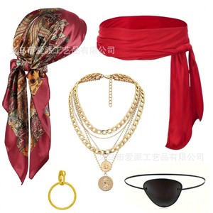 Pirate Costume Set <b>Red</b> Bandana Eyepatch Compass Necklace Waist Scarf Cosplay Accessory Women's Party Outfit - Product Image 2