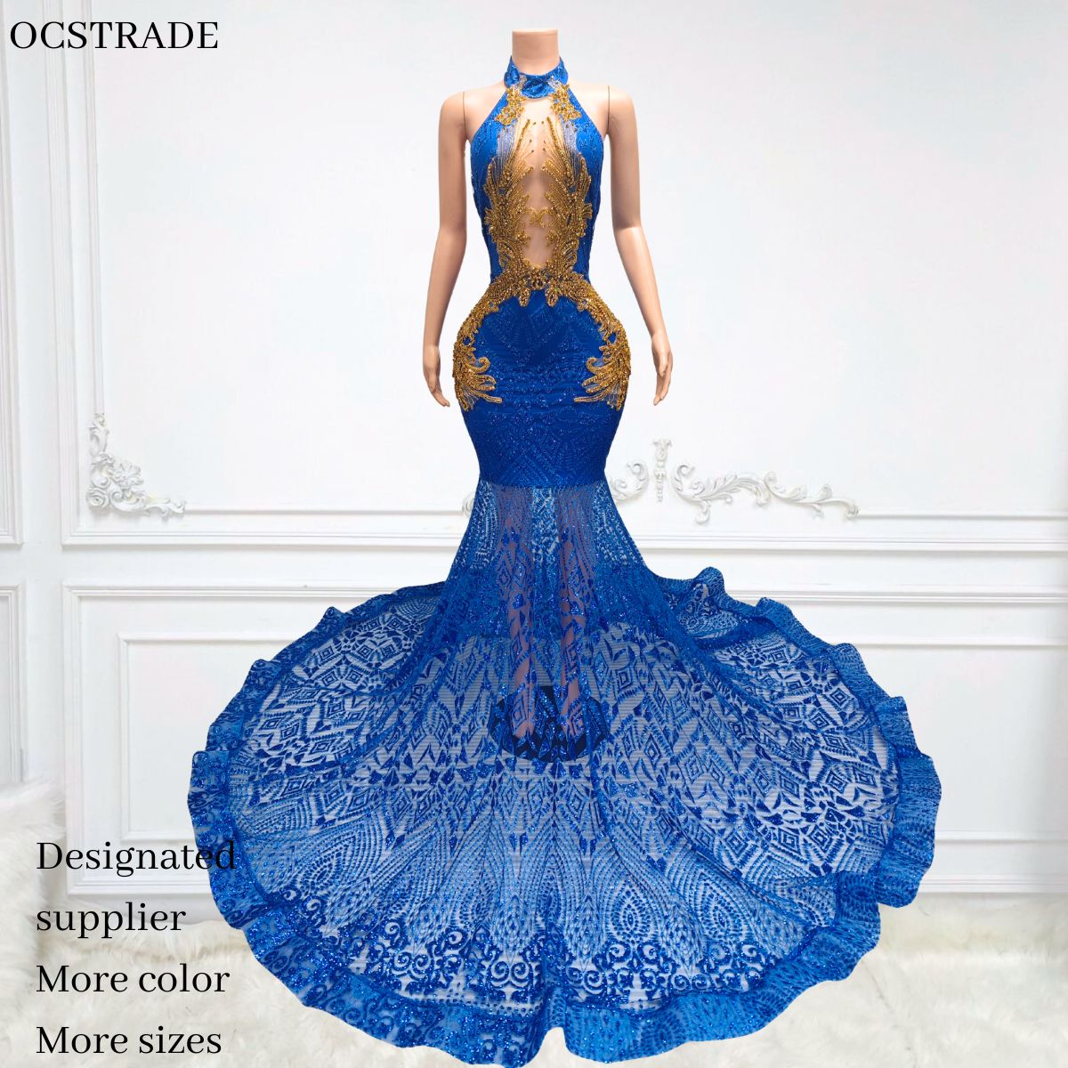 strapless open back dress Royal Blue Two Piece Prom Dress,Satin Spaghetti Straps Prom Dress,Eleg