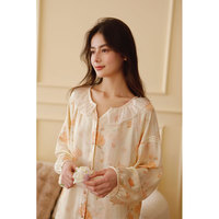 Nouvel ensemble de pyjama en satin de viscose à 100% avec imprimé floral, style coréen, avec col en dentelle
