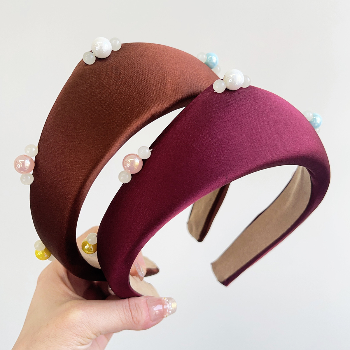 SATIN or Silk BEADED HAIR BAND Tara Crown Shape Headband - Pearl Beaded Padded Satin Silk main image 2