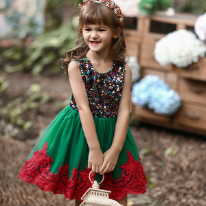 Embroidered <b>Sequined</b> Princess Dress For Girls Green <b>Red</b> Lace A-Line Tulle Flower Girl Dress With O-Neck Design - Product Image 1