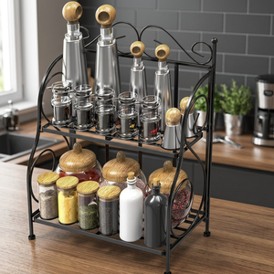 Étagère à épices en métal à 2 niveaux, organisateur de cuisine, support de rangement sur pied avec 4 bouteilles d'huile - Product Image 5