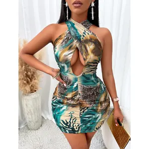 Custom The Latest Arrival Fashion Women Print Dress Slim-fit Halter Hollow Sexy Women Wrap Dress