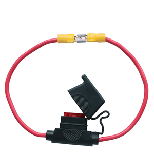 สายสีแดงกับขั้วสีเหลืองที่ใส่ฟิวส์สีดำที่ใส่ฟิวส์ยานยนต์ที่ใส่สายไฟสำหรับป้องกันวงจร - Product Image 1