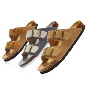 Unisex yaz düz mantar terlik toptan süet üst 2 tokaları ile rahat Barefoot kemer destek yaz kalın taban - Product Image 1